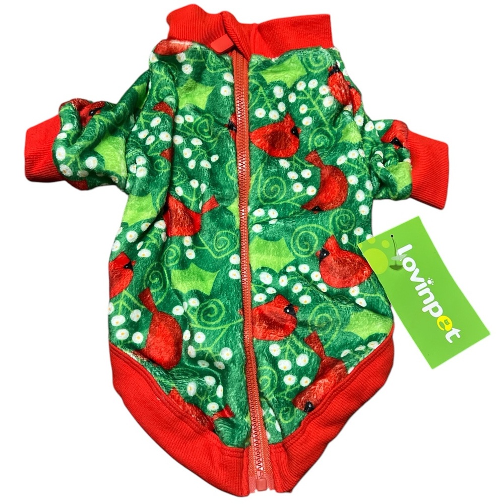 NWT LovinPet Dog Flannel Sweaters Jacket Outfit Green Cardinal Pattern Small
